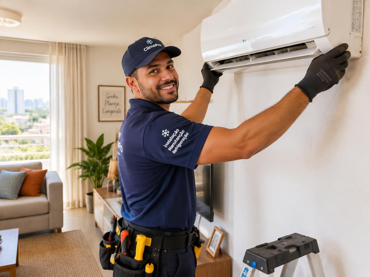 Técnico instalando ar-condicionado em residência